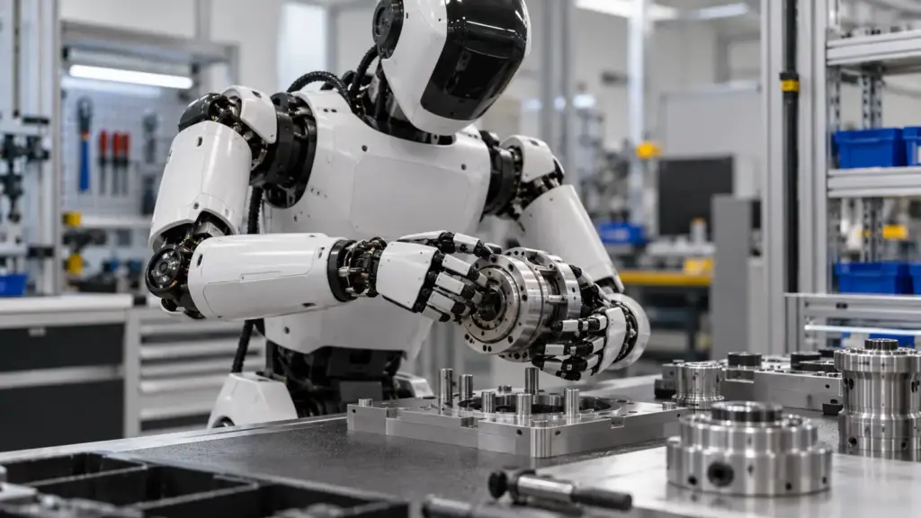 KI-Symbolbild: Humanoider Roboter hält ein metallisches Gelenkmodul an einer Werkbank