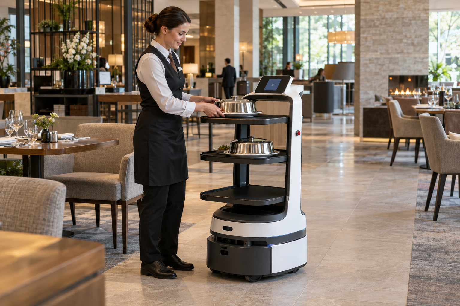 Servicekraft bei der Speisenübergabe an einem Tablettroboter im Hotelrestaurant – KI-Illustration. [Bildinhalt mit KI erstellt]