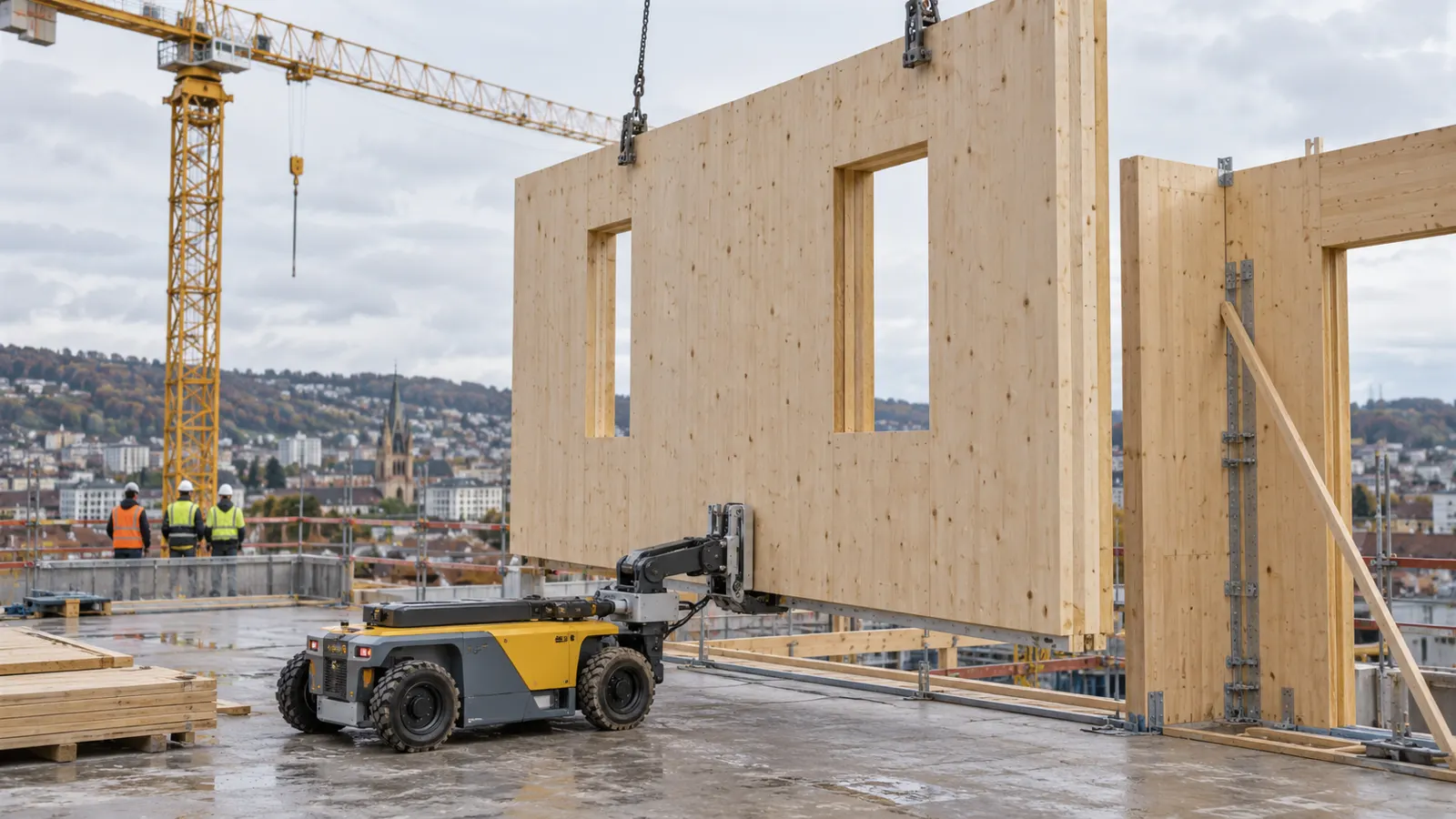 KI-Symbolbild: Mobiler Roboter und Hebetechnik an einem Holzmodul auf einer Baustelle [Bildinhalt mit KI erstellt]