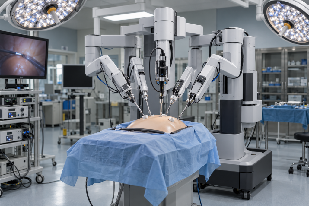 KI-Symbolbild: konventioneller chirurgischer Roboter mit mehreren Instrumentenarmen über einem Übungsphantom im OP-Trainingsraum