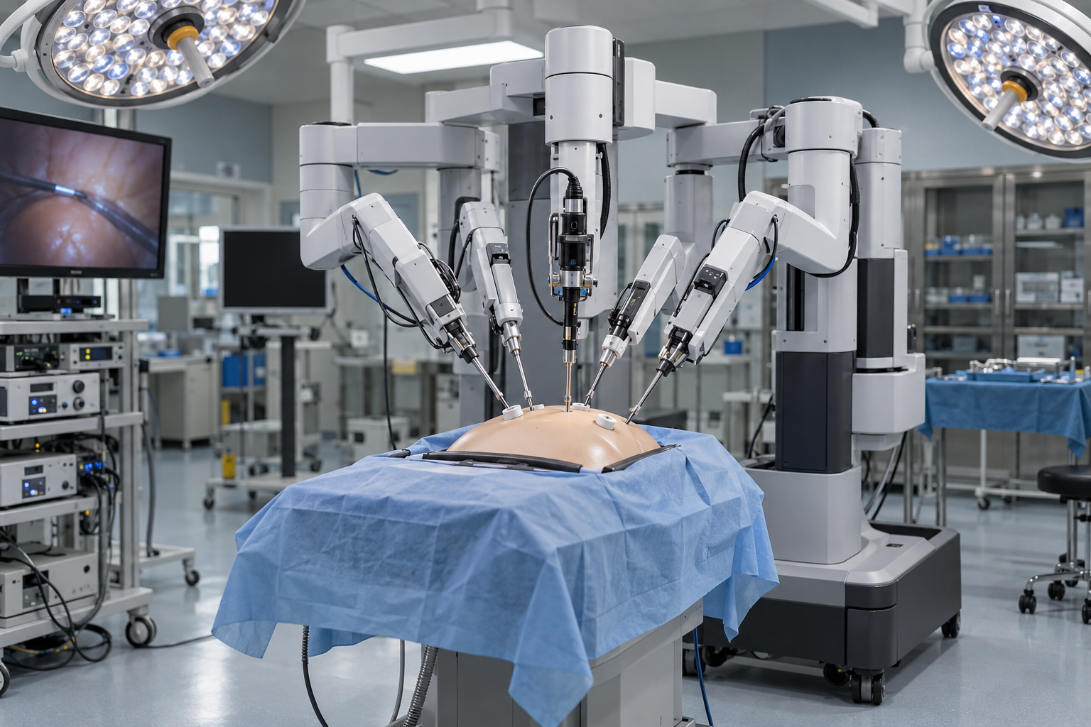 KI-Symbolbild: konventioneller chirurgischer Roboter mit mehreren Instrumentenarmen über einem Übungsphantom im OP-Trainingsraum [Bildinhalt mit KI erstellt]