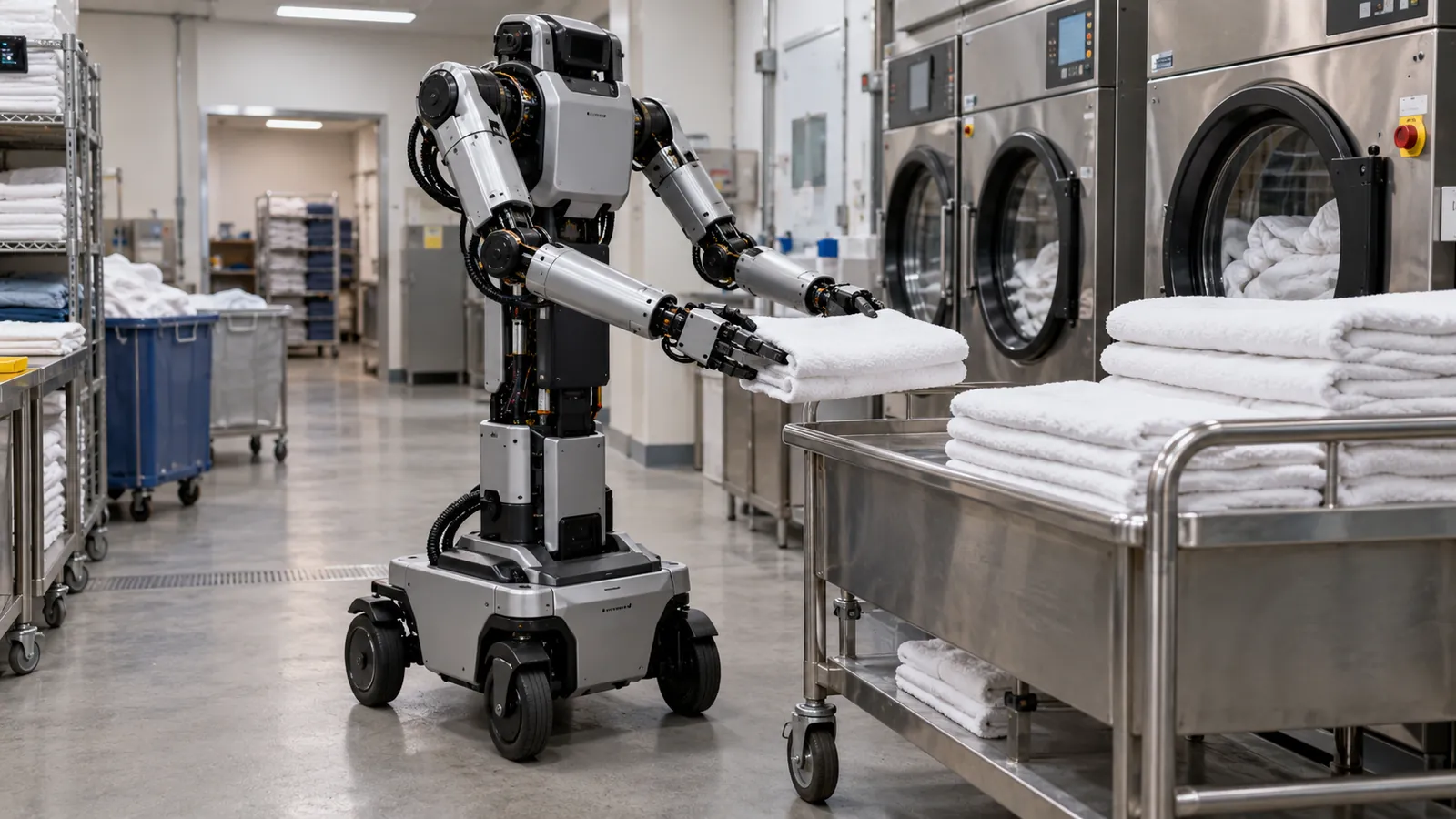KI-Symbolbild eines technisch glaubwürdigen Roboters auf Rädern beim Falten von Handtüchern in einer Hotelwäscherei [Bildinhalt mit KI erstellt]
