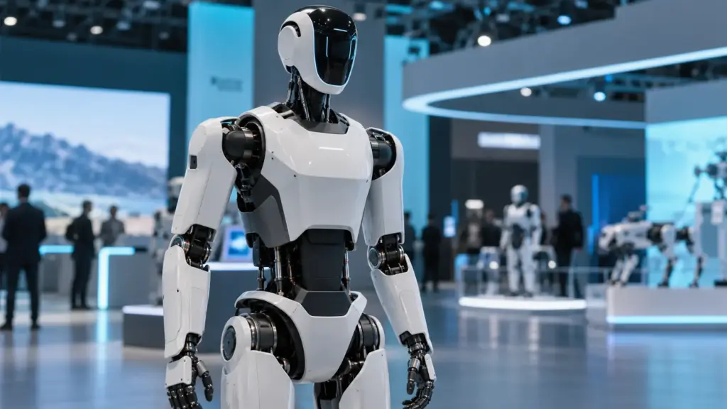 KI-generiertes Symbolbild eines humanoiden Roboters in einer Ausstellungshalle; kein Tesla Optimus und keine Aufnahme eines realen Ereignisses