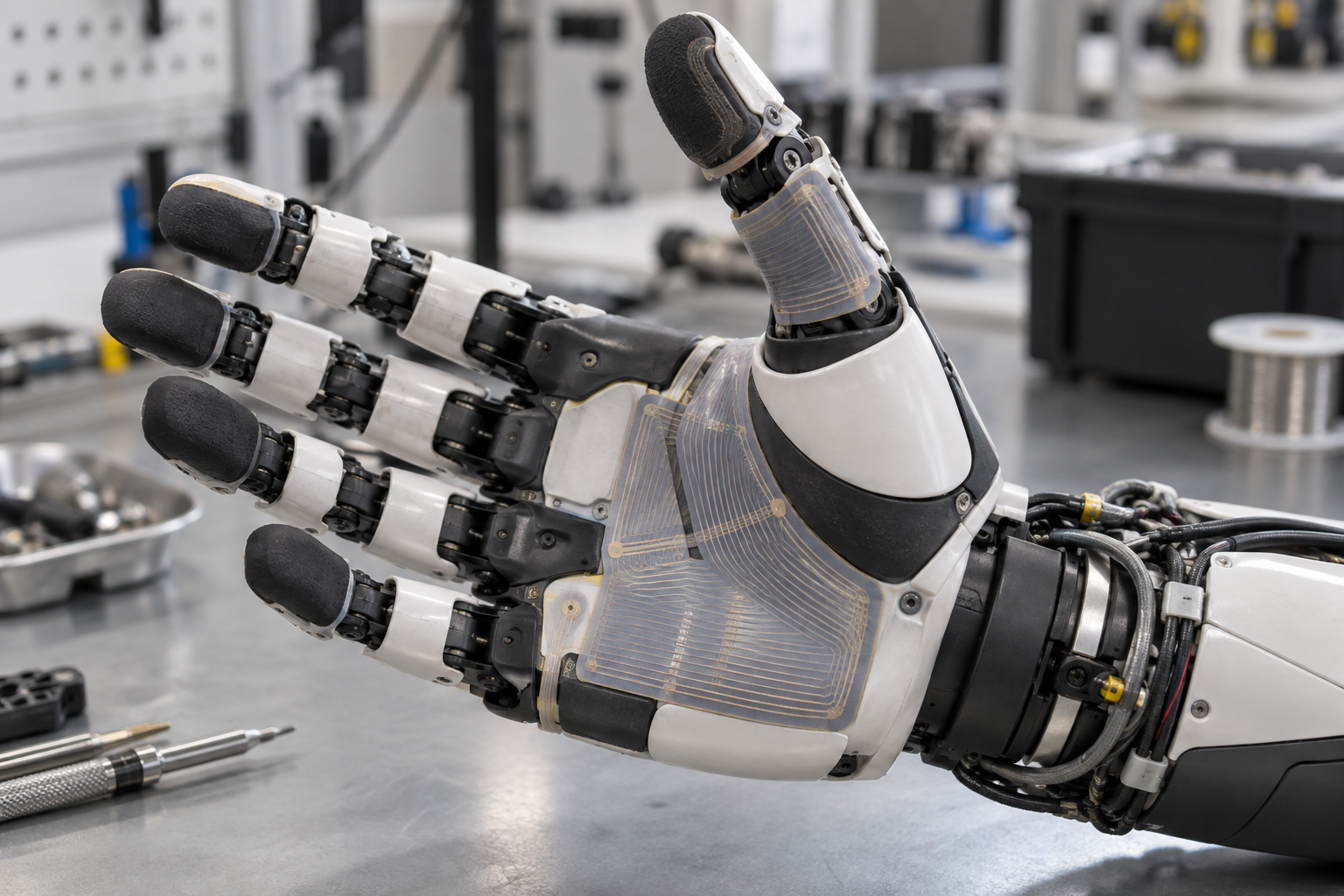 KI-Illustration einer realistisch konstruierten fünfgliedrigen Roboterhand mit flexiblen Tastsensorfeldern an Daumen, Zeigefinger und Handfläche [Image content created with AI]