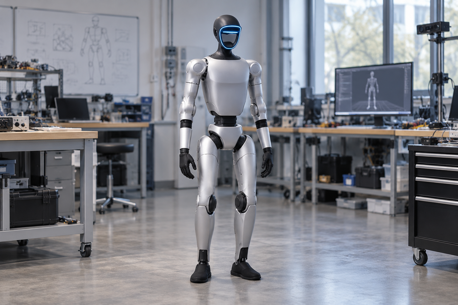 KI-Illustration des Unitree G1 EDU mit silbernem Gehäuse und blau umrandetem Visier in einem Robotiklabor [Bildinhalt mit KI erstellt]