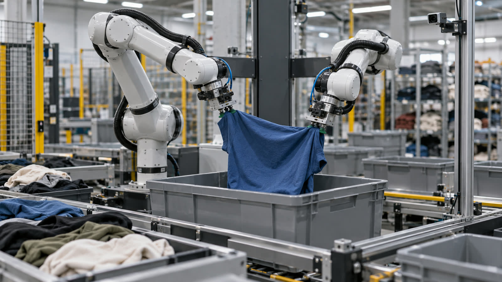 Zwei industrielle Roboterarme greifen ein Kleidungsstück über einem Sortierbehälter – KI-generiertes Symbolbild [Bildinhalt mit KI erstellt]